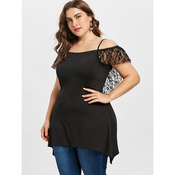 Plus Size Black Lace Fringed Asymmetrical T-shirt - Picture 5 of 8